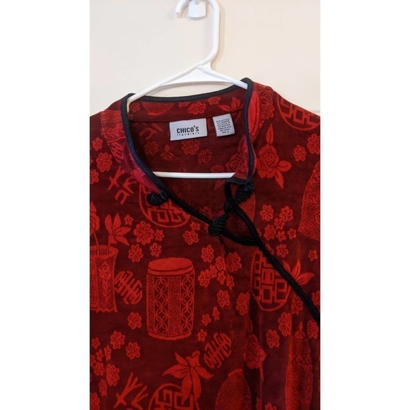 Chico's Red & Black Asian Inspired Cap Short Sleeved Shirt, Size 3 - Picture 5 of 9
